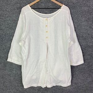 FLAX Women's Sz Large 100% Linen White Tunic‎ Top 1/4 Button  Boxy Top
